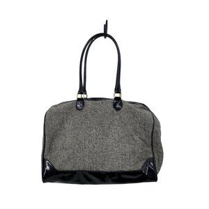 Herringbone‎ Plaid Tweed Tote Handbag Black Vegan Patent Leather Duffle Travel